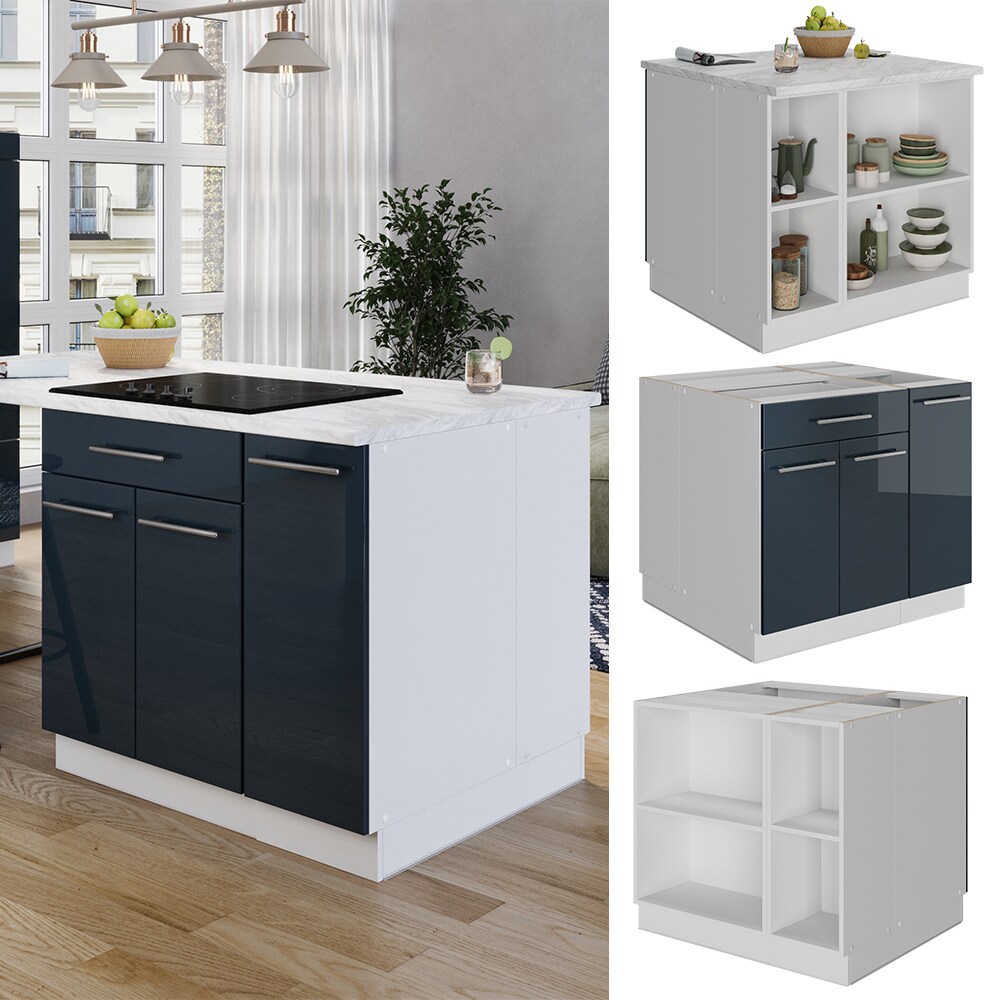 Vicco K&uuml;cheninsel Fame-Line Wei&szlig; Dunkelblau Hochglanz 90 cm offen - Bild 1