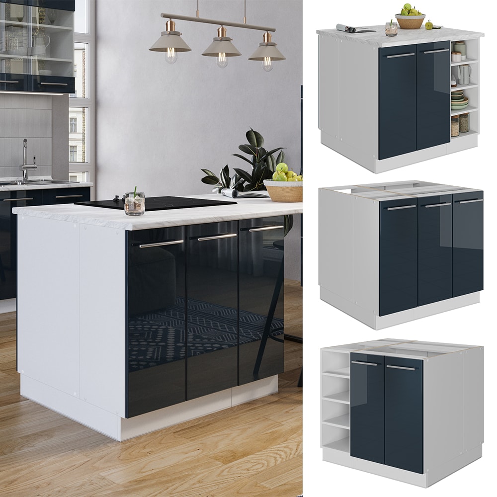 Vicco K&uuml;cheninsel Fame-Line Wei&szlig; Dunkelblau Hochglanz 90 cm geschlossen - Bild 1