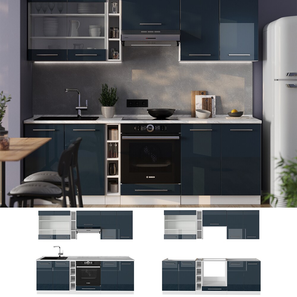 Vicco Küchenzeile Fame-Line Weiß Dunkelblau Hochglanz 235 cm mit Arbeitsplatte Weiß-Marmor