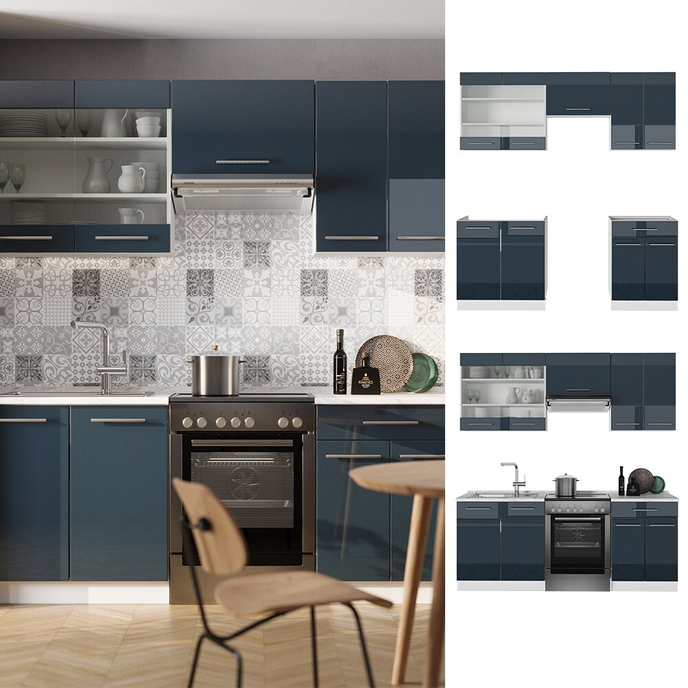 Vicco K&uuml;chenzeile Fame-Line Wei&szlig; Dunkelblau Hochglanz 200 cm mit Arbeitsplatte Anthrazit - Bild 1