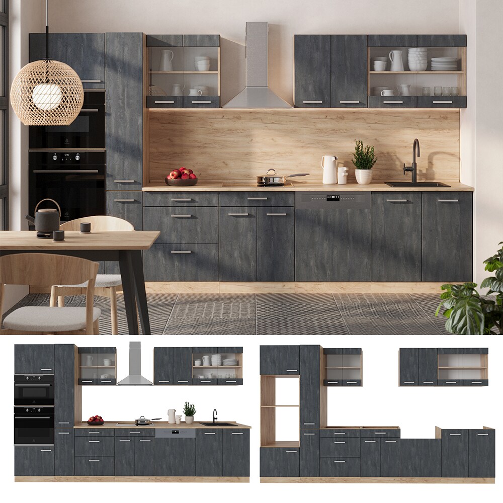 Vicco Küchenzeile R-Line 350 cm Schwarz Beton Eiche mit Arbeitsplatte Eiche
