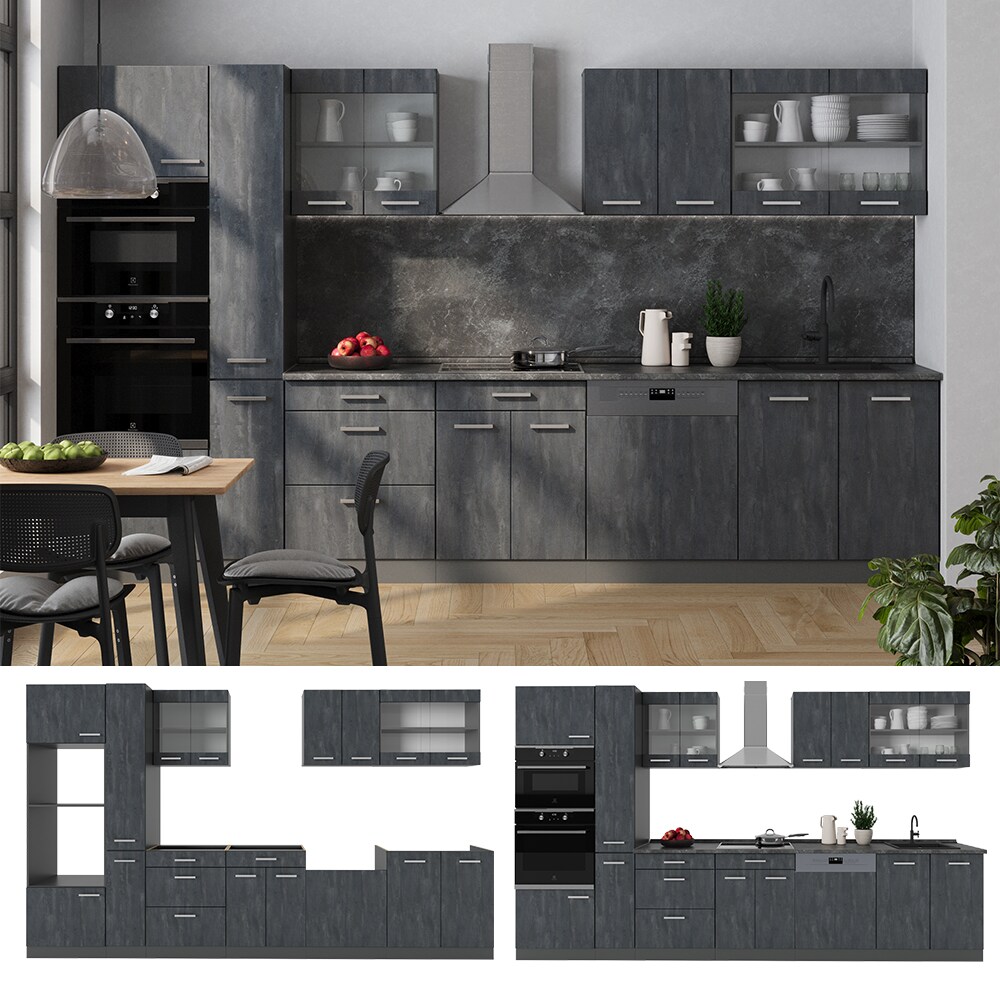 Vicco Küchenzeile R-Line 350 cm Schwarz Beton Anthrazit mit Arbeitsplatte Eiche
