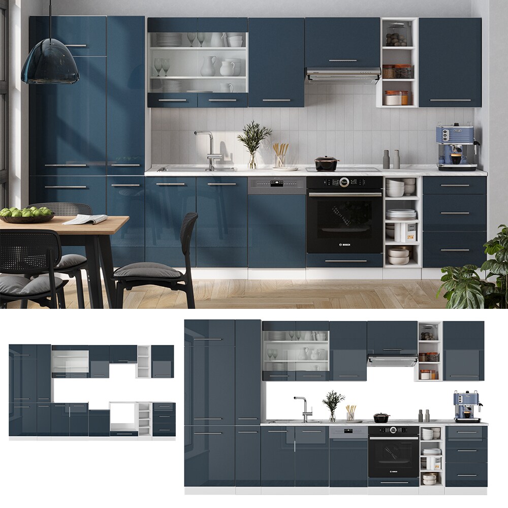 Vicco Küchenzeile Fame-Line Weiß Dunkelblau Hochglanz 355 cm mit Arbeitsplatte Eiche