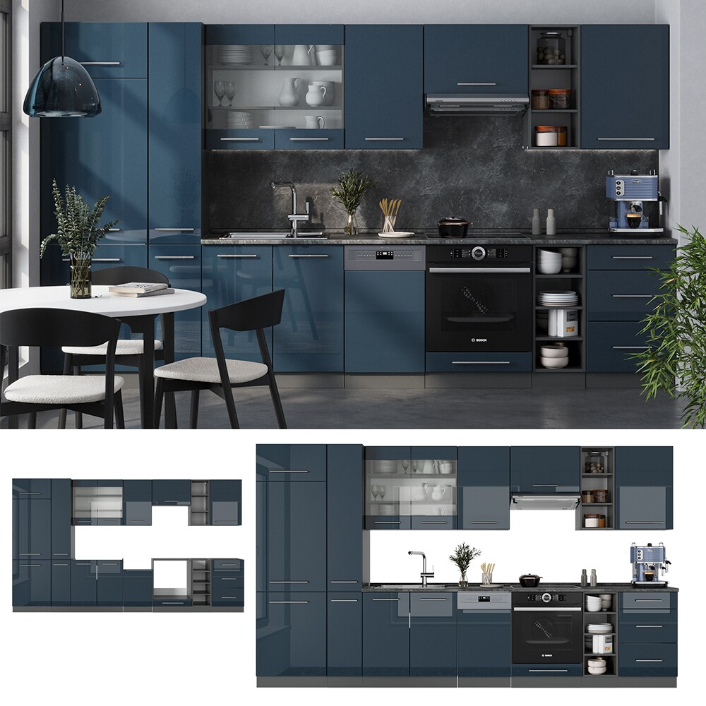 Vicco Küchenzeile Fame-Line Anthrazit Dunkelblau Hochglanz 355 cm mit Arbeitsplatte Eiche
