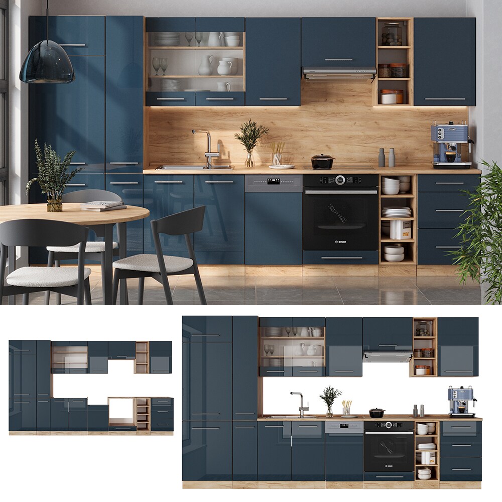Vicco Küchenzeile Fame-Line Eiche Dunkelblau Hochglanz 355 cm mit Arbeitsplatte Eiche