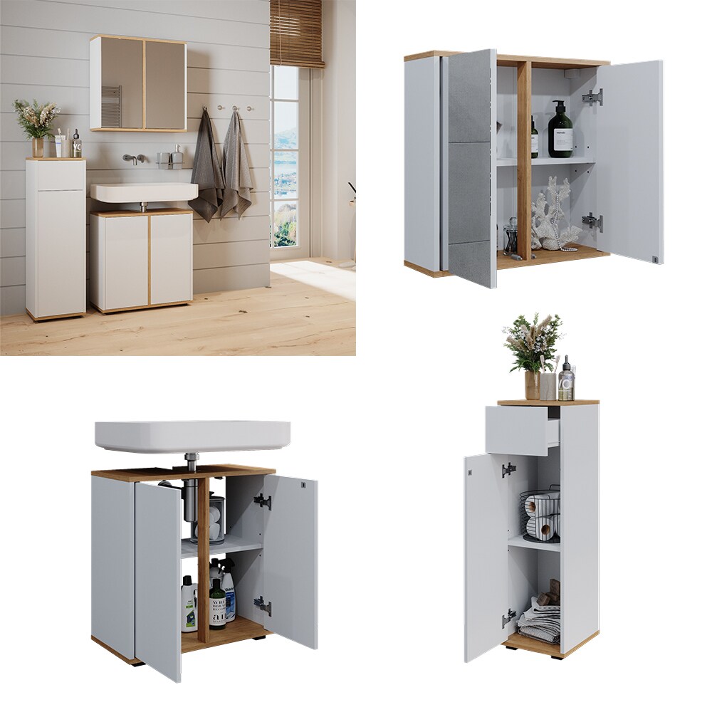 Vicco Badmöbel-Set Didi Weiß Eiche 3 Teile Midischrank mit Schublade | 04066731444984