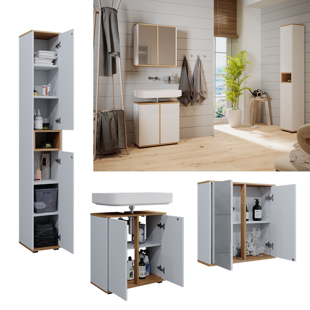 Vicco Badmöbel-Set Didi Weiß Eiche 3 Teile mit Hochschrank | 04066731445004