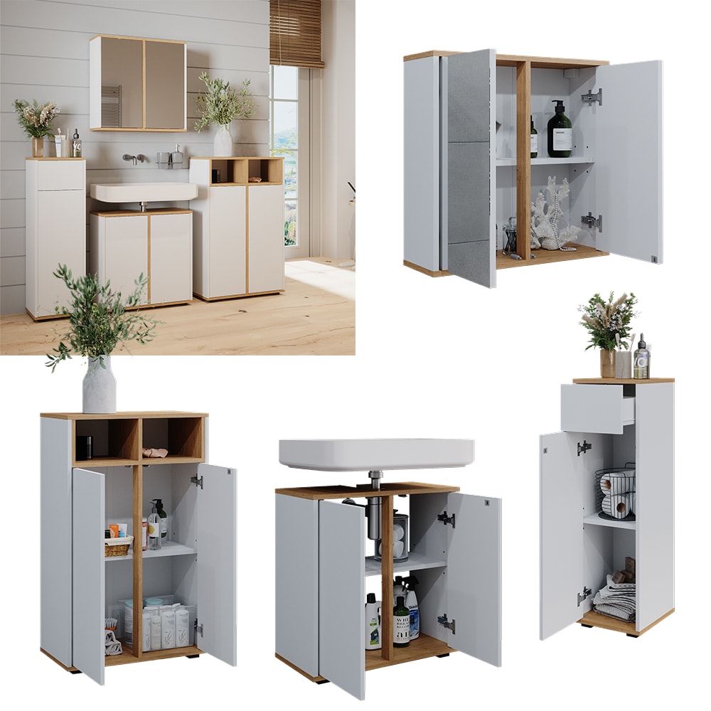 Vicco Badm&ouml;bel-Set Didi Wei&szlig; Eiche 4 Teile mit 2 Midischr&auml;nken - Bild 1