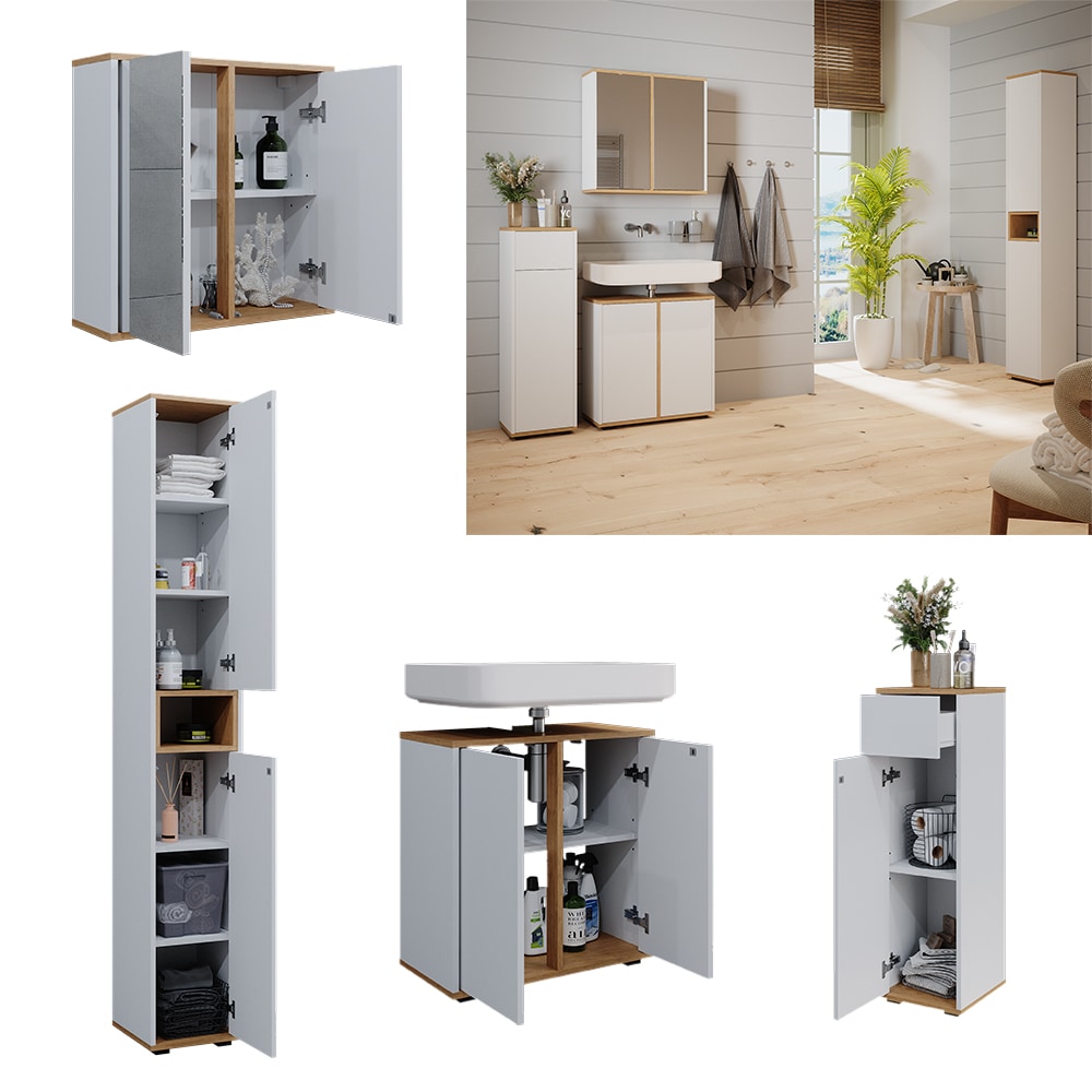 Vicco Badm&ouml;bel-Set Didi Wei&szlig; Eiche 4 Teile Hochschrank Midischrank mit Schublade - Bild 1