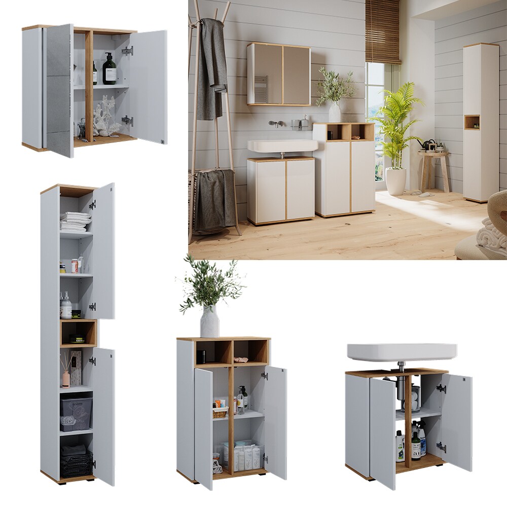 Vicco Badmöbel-Set Didi Weiß Eiche 4 Teile Hochschrank Midischrank mit 2 Türen | 04066731445035