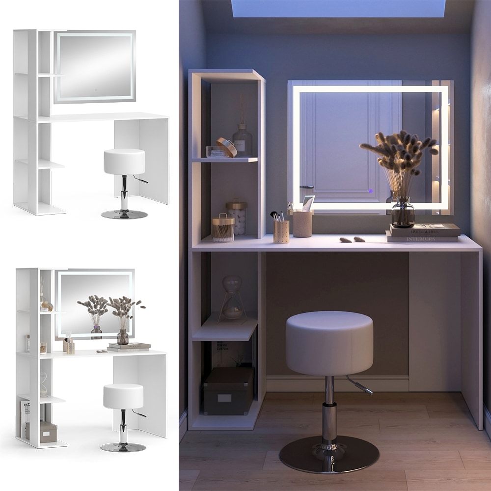 Vicco Schminktisch Tower Wei&szlig; 122 x 55 cm mit LED-Spiegel und Hocker - Bild 1
