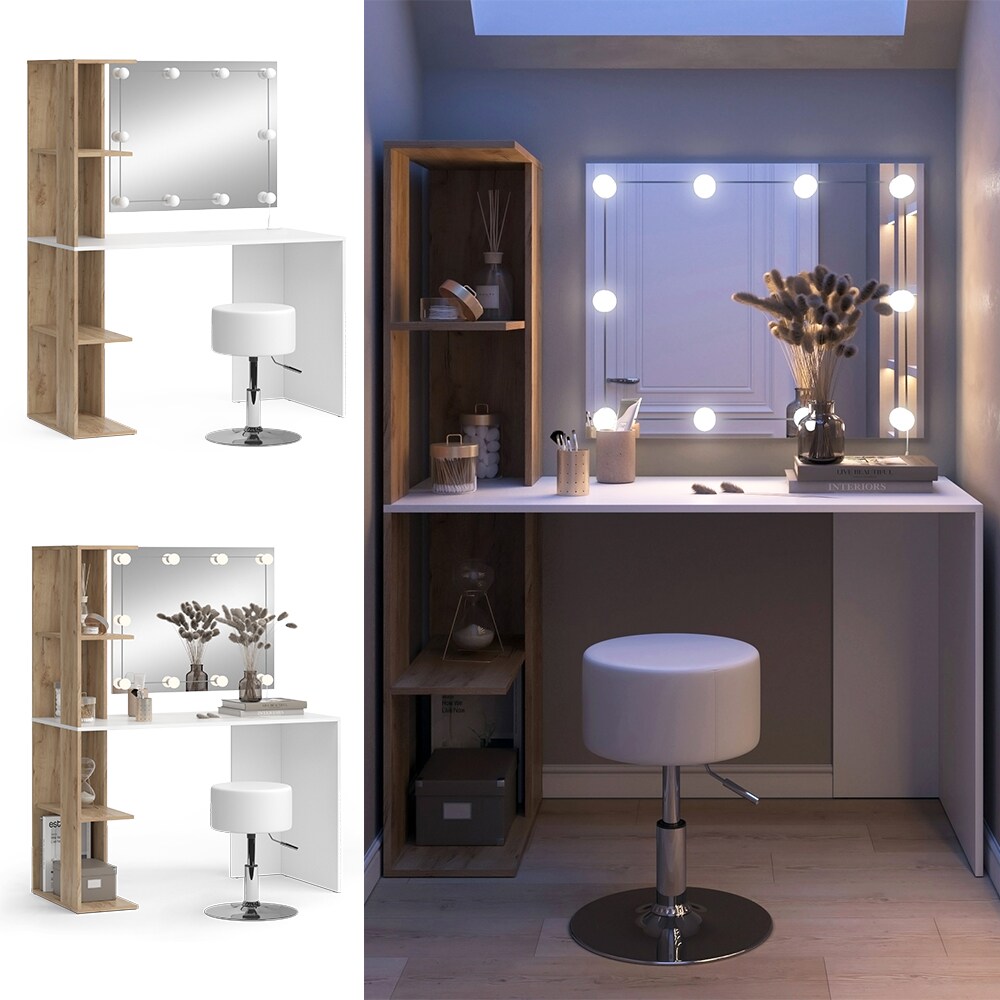Vicco Schminktisch Tower Wei&szlig; Sonoma 122 x 55 cm mit Beleuchtung und Hocker - Bild 1