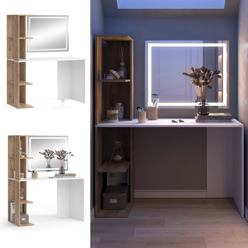 Vicco Schminktisch Tower Wei&szlig; Sonoma 122 x 55 cm mit LED-Spiegel - Bild 1