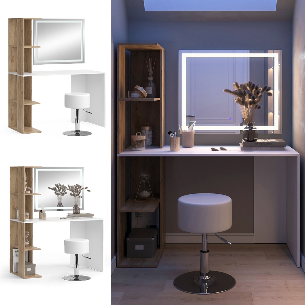 Vicco Schminktisch Tower Wei&szlig; Sonoma 122 x 55 cm mit LED-Spiegel und Hocker - Bild 1