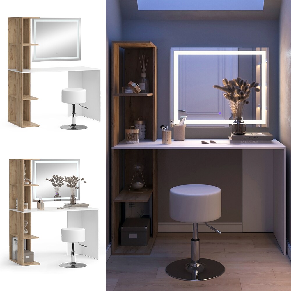 Vicco Schminktisch Tower Weiß Sonoma 122 x 55 cm mit LED-Spiegel und Hocker | 04066731412181