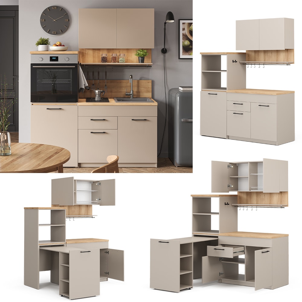 Vicco Singlek&uuml;che Egbert Greige Eiche 160 cm mit ausziehbarem Tisch - Bild 1