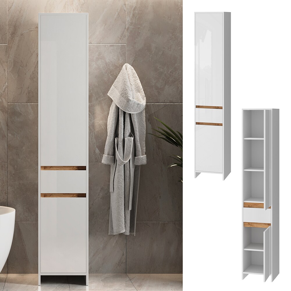 Vicco Badschrank Detmold Weiß Eiche 35 x 190 cm mit 2 Türen und eine Schublade | 04066731415564