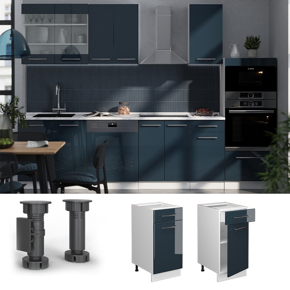 Vicco Schubunterschrank Fame-Line Weiß Dunkelblau Hochglanz 40 cm mit Arbeitsplatte Anthrazit
