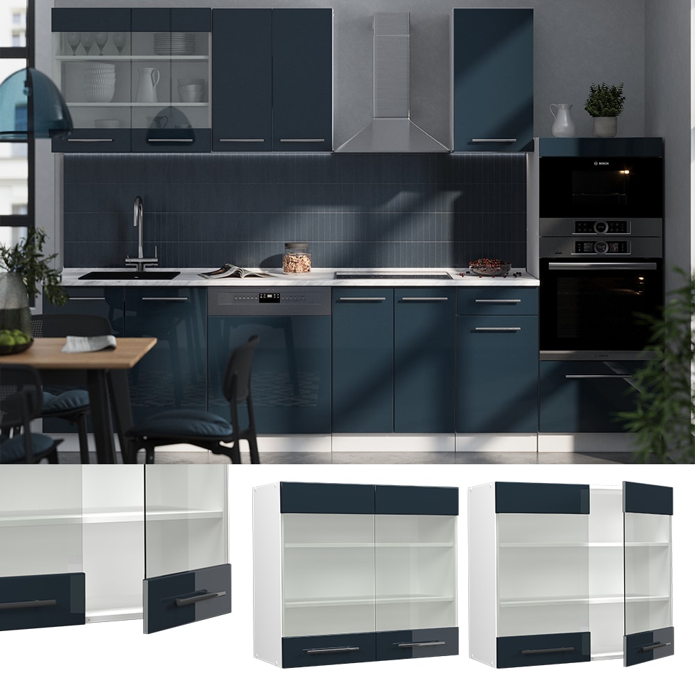 Vicco Glash&auml;ngeschrank Fame-Line Wei&szlig; Dunkelblau Hochglanz 80 cm - Bild 1