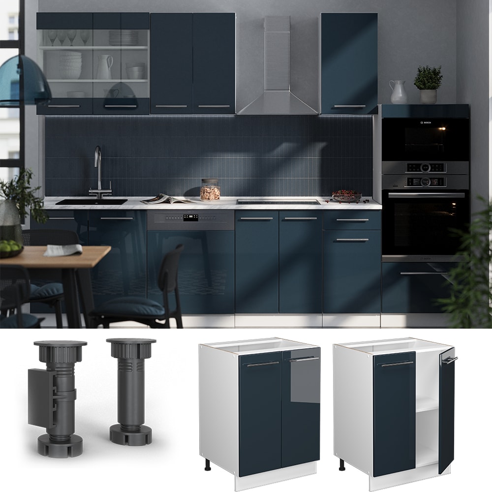 Vicco Unterschrank Fame-Line Wei&szlig; Dunkelblau Hochglanz 60 cm mit Arbeitsplatte Wei&szlig;-Marmor - Bild 1