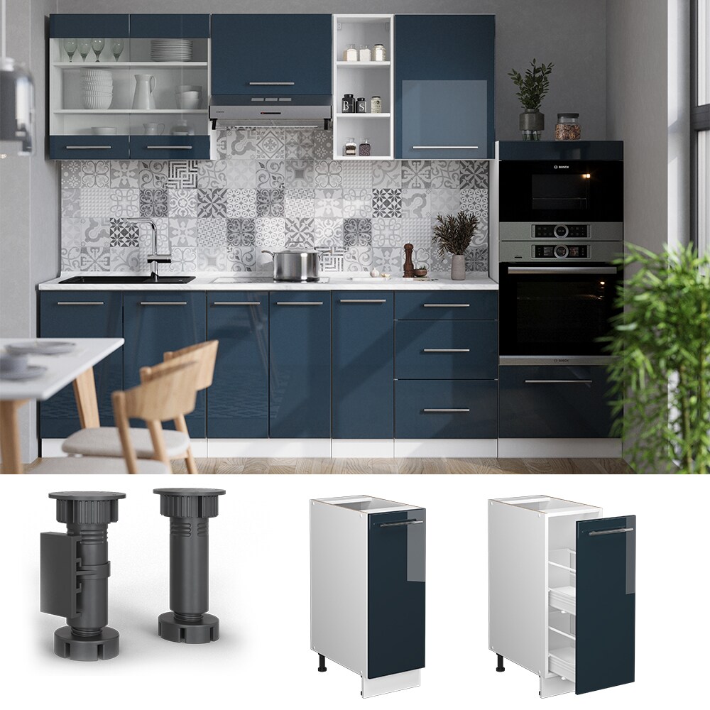 Vicco Apothekerunterschrank Fame-Line Weiß Dunkelblau Hochglanz 30 cm mit Arbeitsplatte Anthrazit