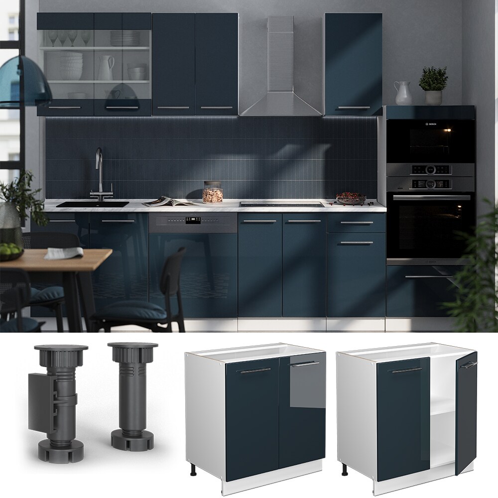 Vicco Unterschrank Fame-Line Weiß Dunkelblau Hochglanz 80 cm mit Arbeitsplatte Eiche