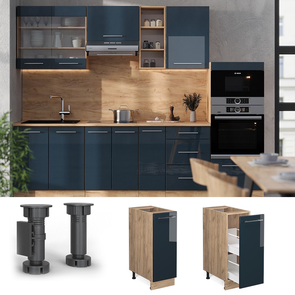 Vicco Apothekerunterschrank Fame-Line Eiche Dunkelblau Hochglanz 30 cm mit Arbeitsplatte Eiche