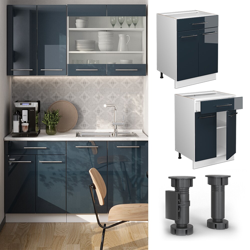 Vicco Schubunterschrank Fame-Line Weiß Dunkelblau Hochglanz 60 cm mit Arbeitsplatte Eiche