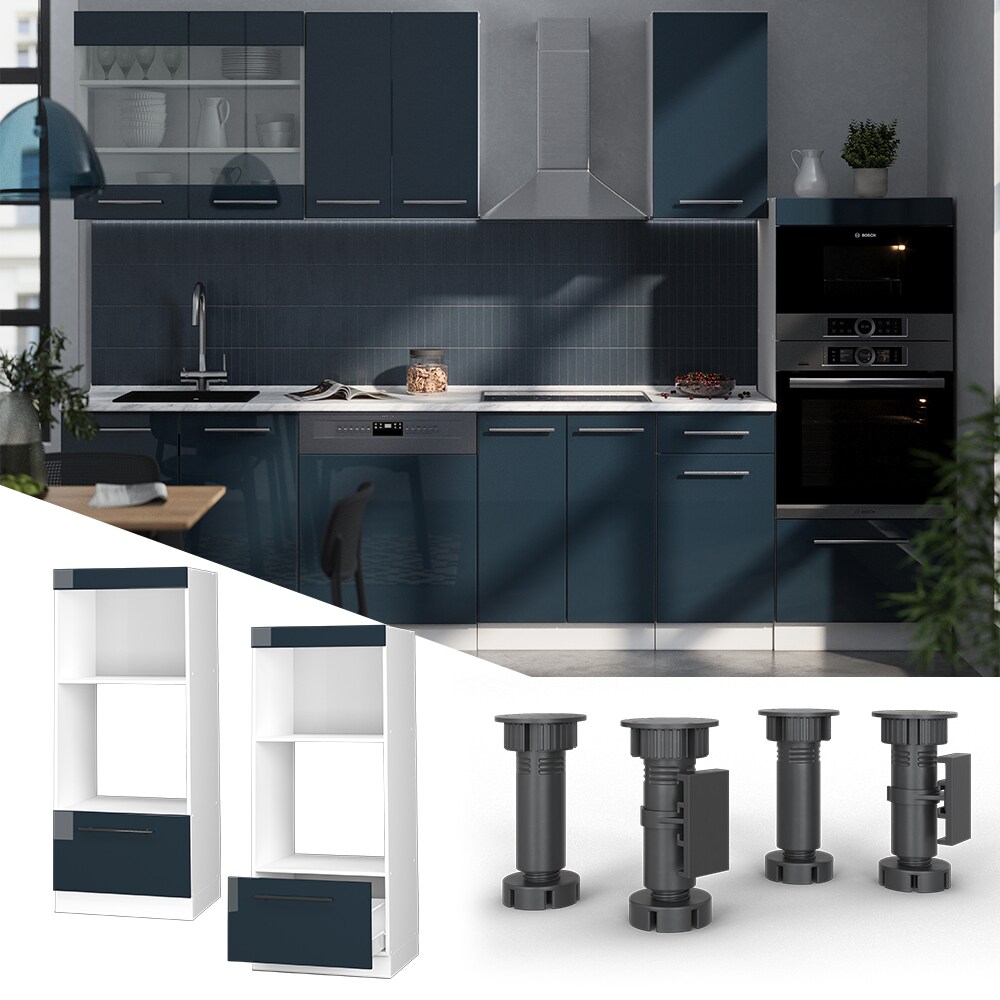 Vicco Mikrowellenschrank Fame-Line Weiß Dunkelblau Hochglanz 60 cm mit Schublade | 04066731413775