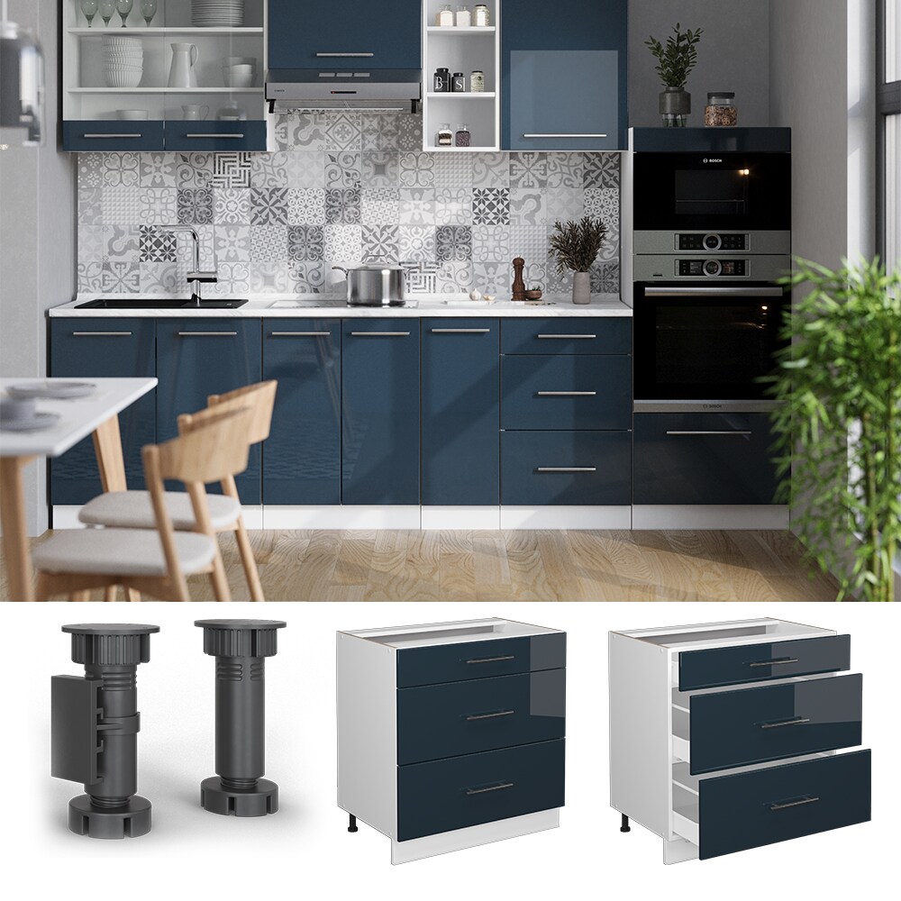 Vicco Schubladenunterschrank Fame-Line Weiß Dunkelblau Hochglanz 80 cm mit Arbeitsplatte Eiche