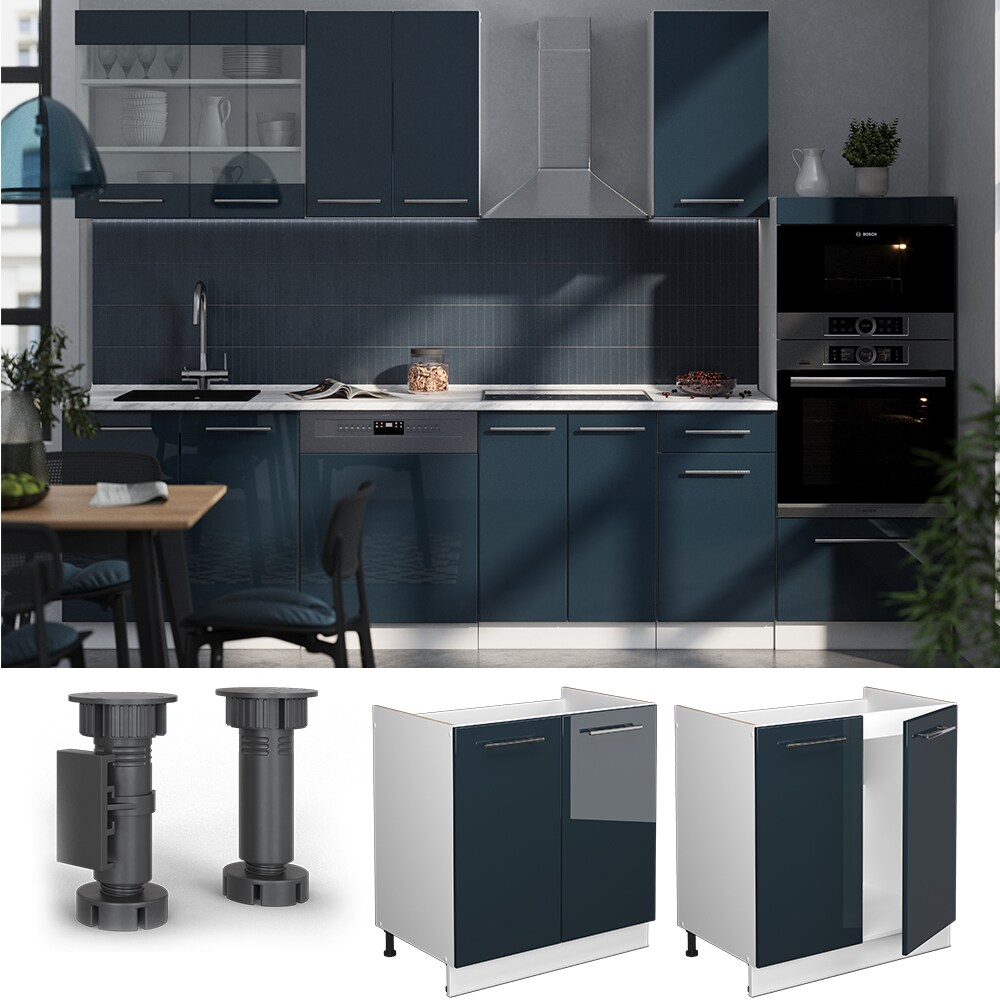 Vicco Spülenunterschrank Fame-Line Weiß Dunkelblau Hochglanz 80 cm mit Arbeitsplatte Eiche