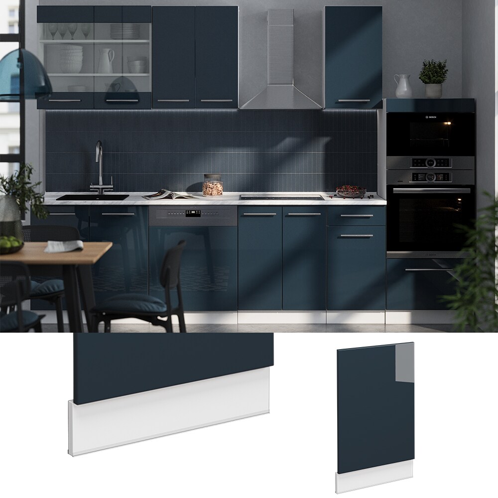 Vicco Geschirrspülerblende Fame-Line Weiß Dunkelblau Hochglanz 45 cm mit Arbeitsplatte Eiche