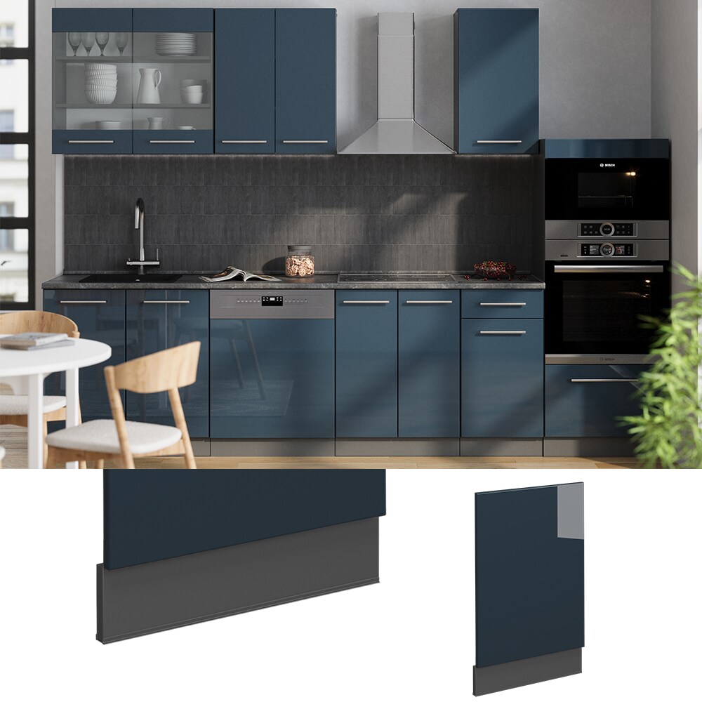 Vicco Geschirrspülerblende Fame-Line Anthrazit Dunkelblau Hochglanz 45 cm mit Arbeitsplatte Weiß-Marmor