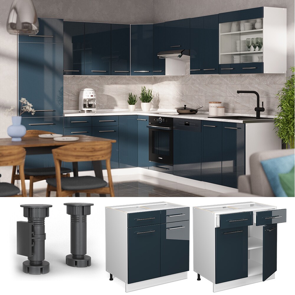 Vicco Schubunterschrank Fame-Line Weiß Dunkelblau Hochglanz 80 cm mit Arbeitsplatte Anthrazit
