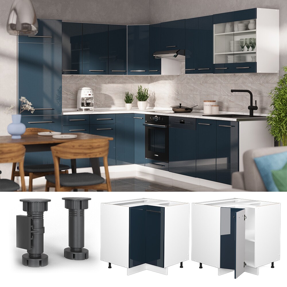 Vicco Eckunterschrank Fame-Line Weiß Dunkelblau Hochglanz 87 cm mit Arbeitsplatte Eiche
