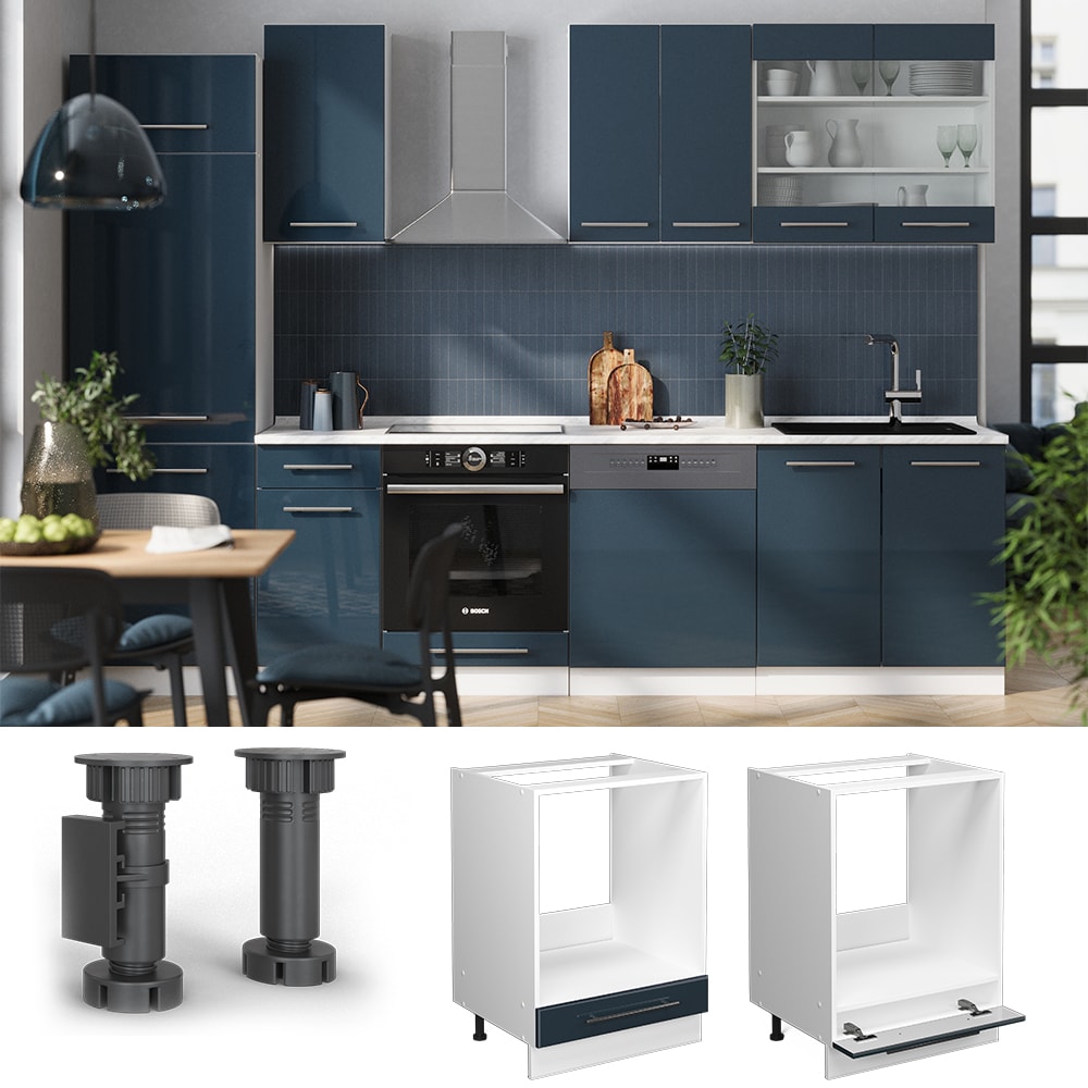 Vicco Herdumbauschrank Fame-Line Wei&szlig; Dunkelblau Hochglanz 60 cm mit Arbeitsplatte Anthrazit - Bild 1