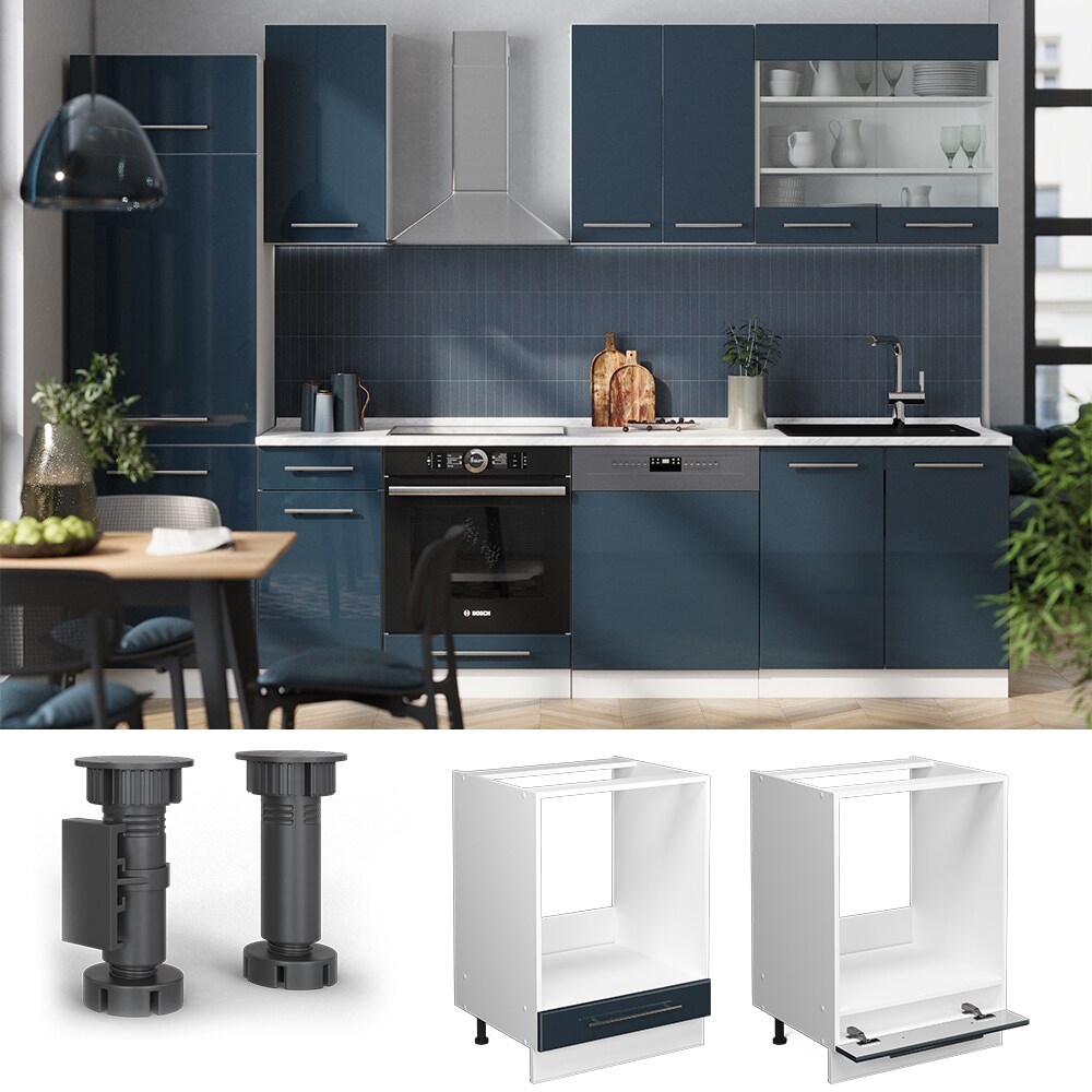 Vicco Herdumbauschrank Fame-Line Weiß Dunkelblau Hochglanz 60 cm mit Arbeitsplatte Eiche