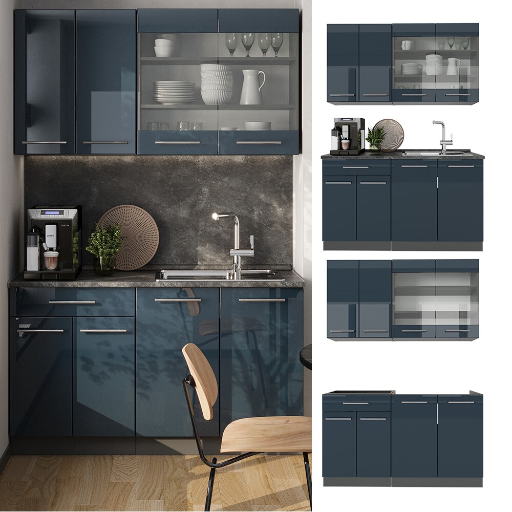 Vicco K&uuml;chenzeile Fame-Line Anthrazit Dunkelblau Hochglanz 140 cm mit Arbeitsplatte Anthrazit - Bild 1