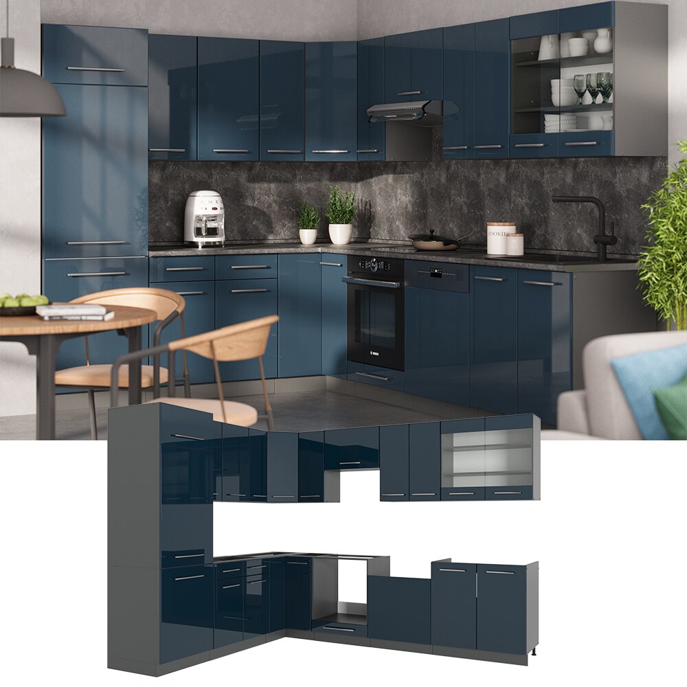 Vicco Eckküche Fame-Line Anthrazit Dunkelblau Hochglanz 287x227 cm mit Arbeitsplatte Eiche