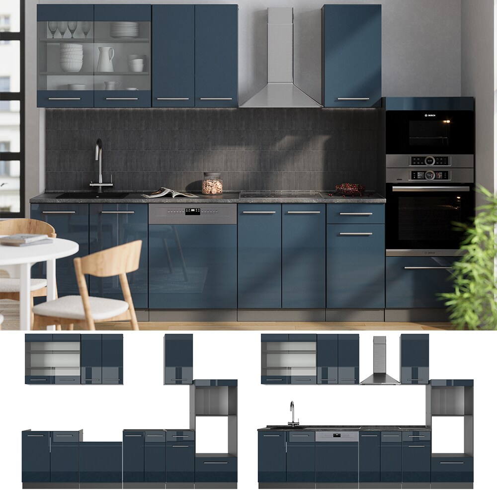 Vicco Küchenzeile Fame-Line Anthrazit Dunkelblau Hochglanz 300 cm mit Arbeitsplatte Anthrazit