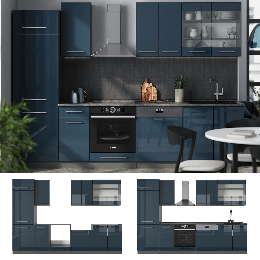 Vicco K&uuml;chenzeile Fame-Line Anthrazit Dunkelblau Hochglanz 300 cm mit Arbeitsplatte Anthrazit - Bild 1