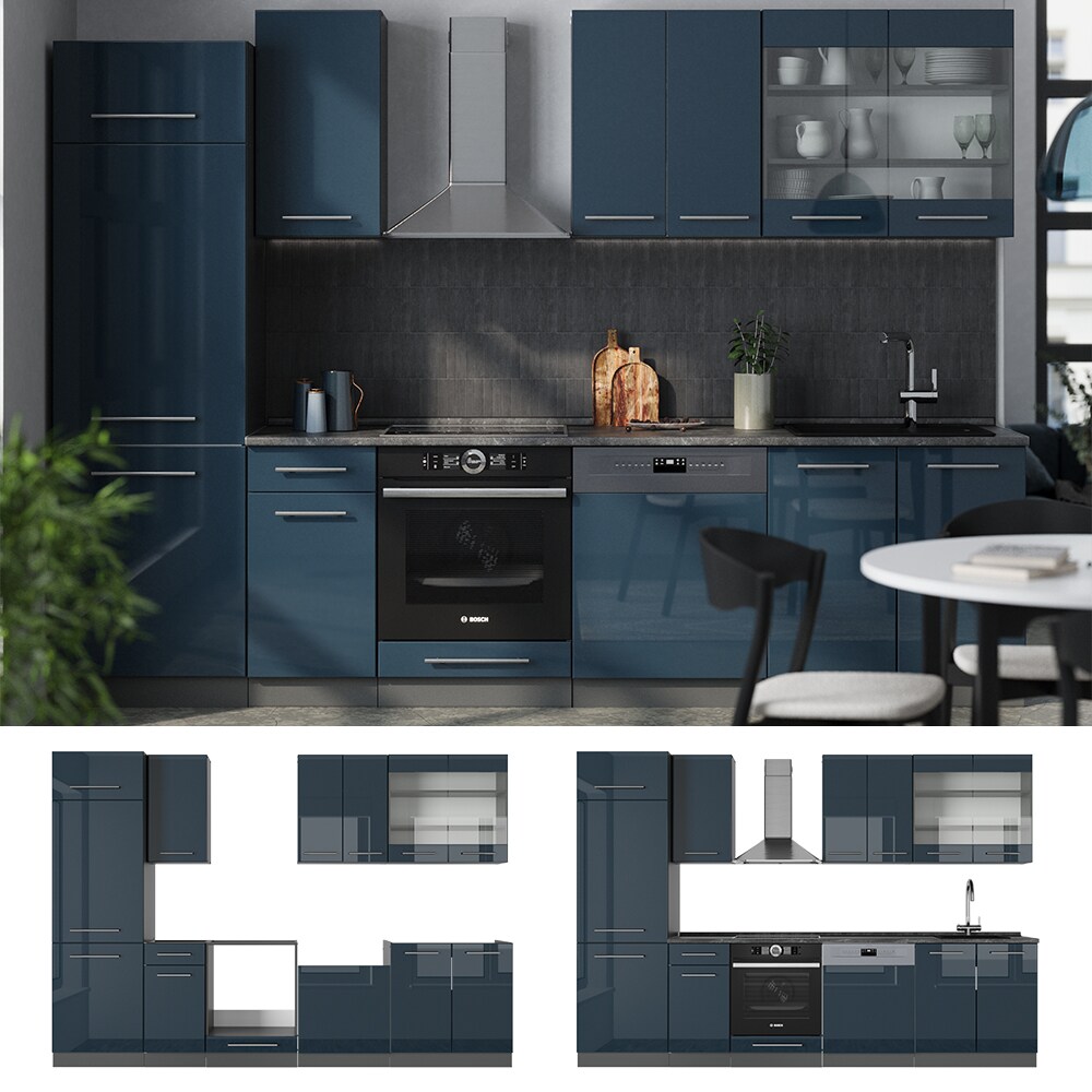 Vicco Küchenzeile Fame-Line Anthrazit Dunkelblau Hochglanz 300 cm mit Arbeitsplatte Eiche