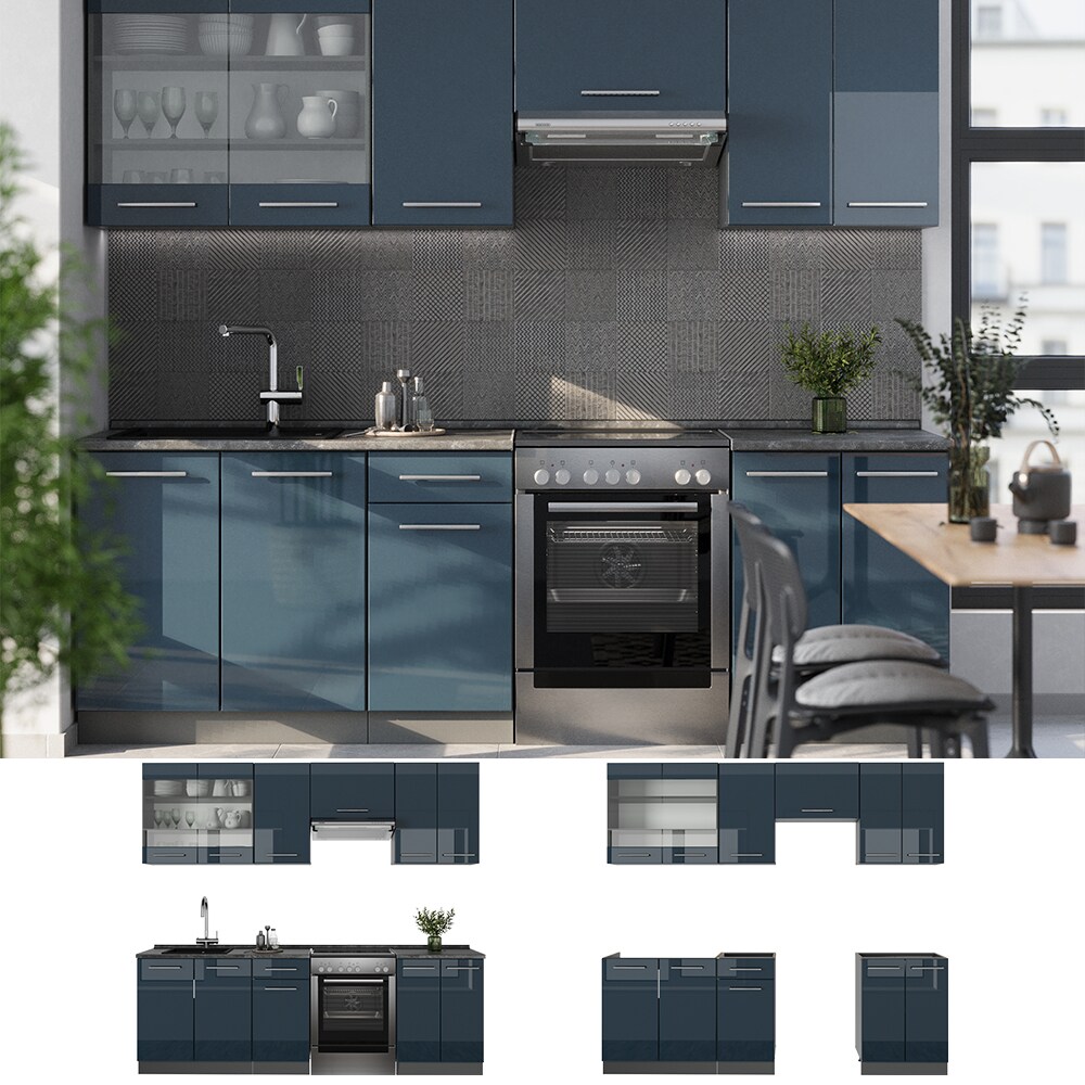 Vicco Küchenzeile Fame-Line Anthrazit Dunkelblau Hochglanz 240 cm mit Arbeitsplatte Eiche