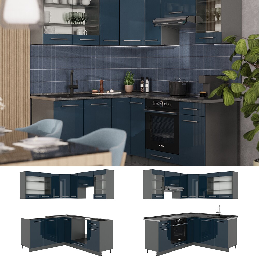 Vicco Eckküche Fame-Line Anthrazit Dunkelblau Hochglanz 160 x 190 cm mit Arbeitsplatte Anthrazit