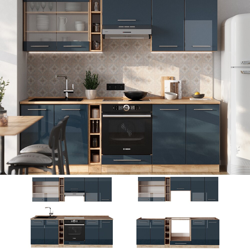 Vicco Küchenzeile Fame-Line Eiche Dunkelblau Hochglanz 235 cm mit Arbeitsplatte Eiche