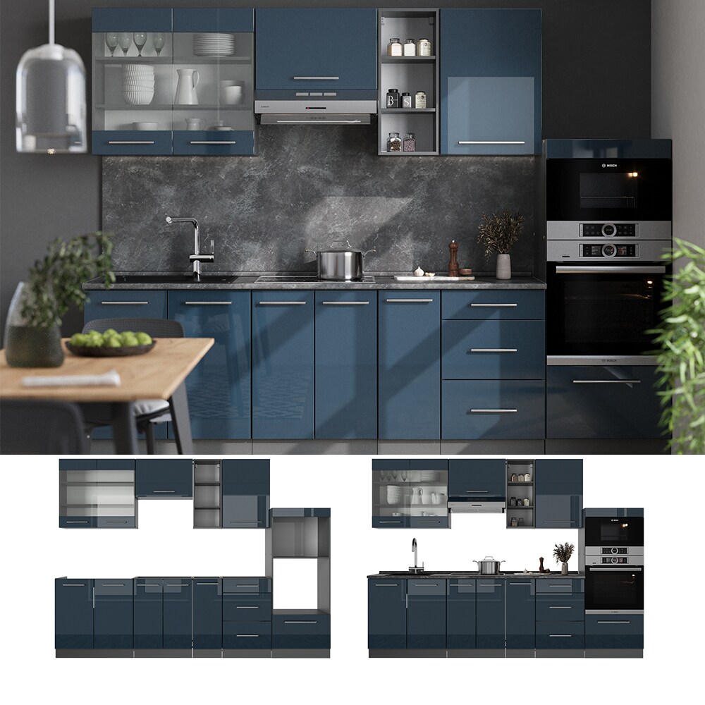 Vicco Küchenzeile Fame-Line Anthrazit Dunkelblau Hochglanz 280 cm mit Arbeitsplatte Eiche