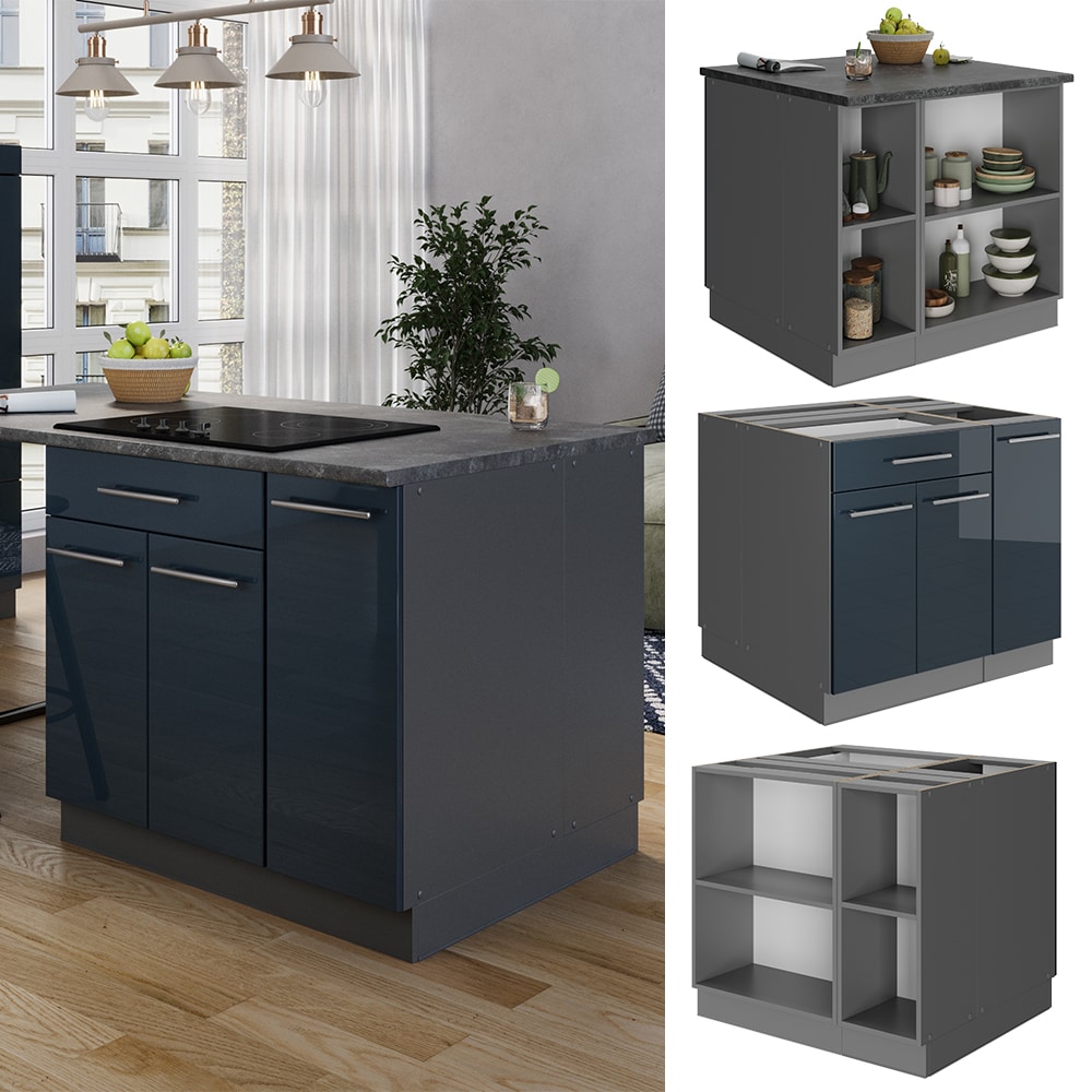 Vicco K&uuml;cheninsel Fame-Line Anthrazit Dunkelblau Hochglanz 90 cm offen - Bild 1