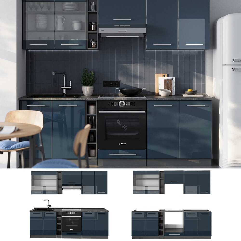 Vicco K&uuml;chenzeile Fame-Line Anthrazit Dunkelblau Hochglanz 235 cm mit Arbeitsplatte Wei&szlig;-Marmor - Bild 1