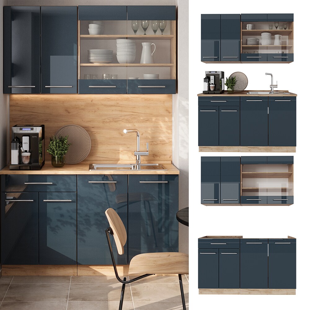 Vicco Küchenzeile Fame-Line Eiche Dunkelblau Hochglanz 140 cm mit Arbeitsplatte Eiche