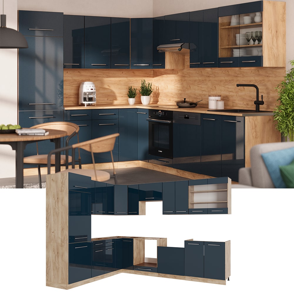 Vicco Eckk&uuml;che Fame-Line Eiche Dunkelblau Hochglanz 287x227 cm ohne Arbeitsplatte - Bild 1